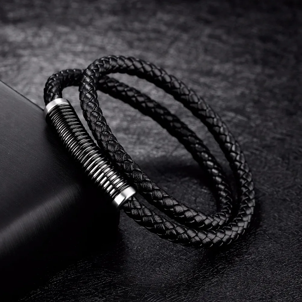 FATE LOVE Punk Male Men Black Leather Bracelet Bangle Wristlet Bracelete with Stainless Steel Charm Fashion Jewelry