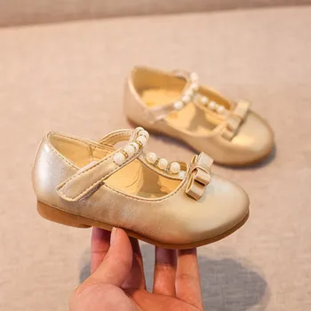 

Spring Shoe Children Baby Girls' Bows Pearl Shoes Artificial PU +Beef Tendon Children's Shoes Gold Sliver Color 0-10Y