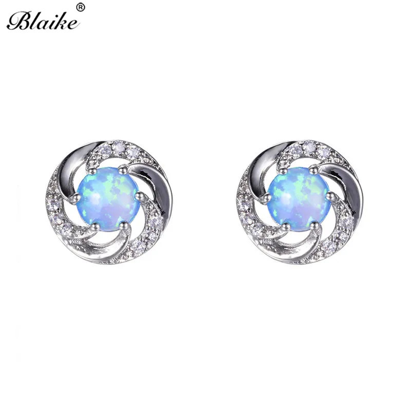 Blaike Синий/Белый огненный опал круглые серьги для Для женщин 925 пробы серебро заполнено белый циркон серьги Свадебные украшения
