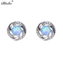 Blaike Синий/Белый огненный опал круглые серьги для Для женщин 925 пробы серебро заполнено белый циркон серьги Свадебные украшения