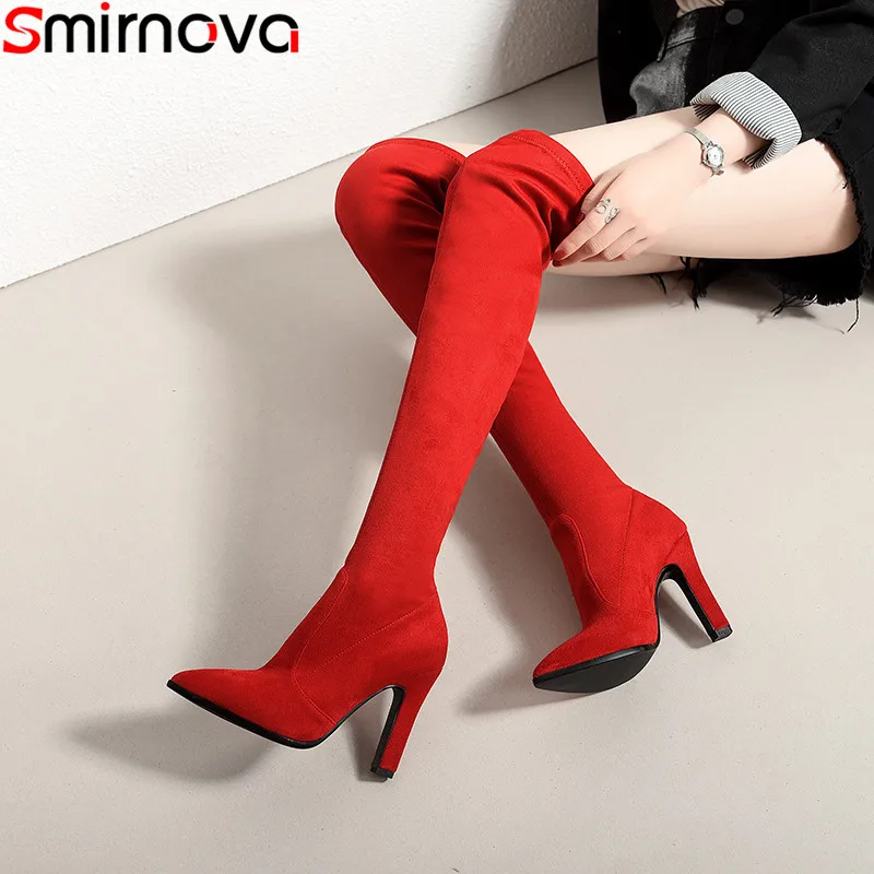 

Smirnova black red fashion over the knee boots women pointed toe super high heels boots flock thigh high boots 2020 new big size