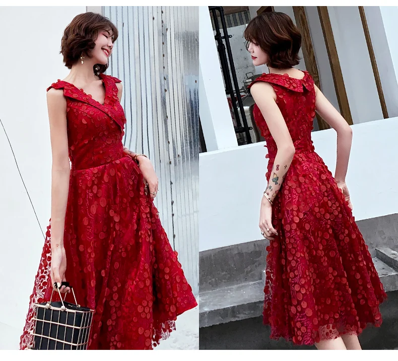 Wei yin винно-красные вечерние платья Длинные 2019 А-силуэт v-образный вырез платья для выпускного вечера кружевные цветочный халат de Soiree