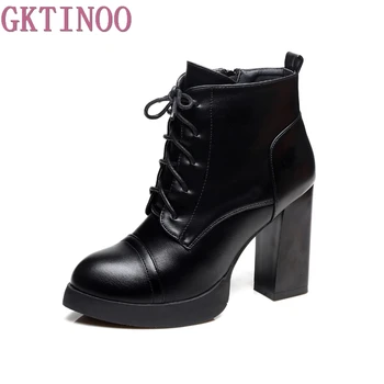 

GKTINOO Autumn Winter Lace-up Women Short Boots Leather Square High Heel Round Toe Platform Ankle Boots Shoes Female