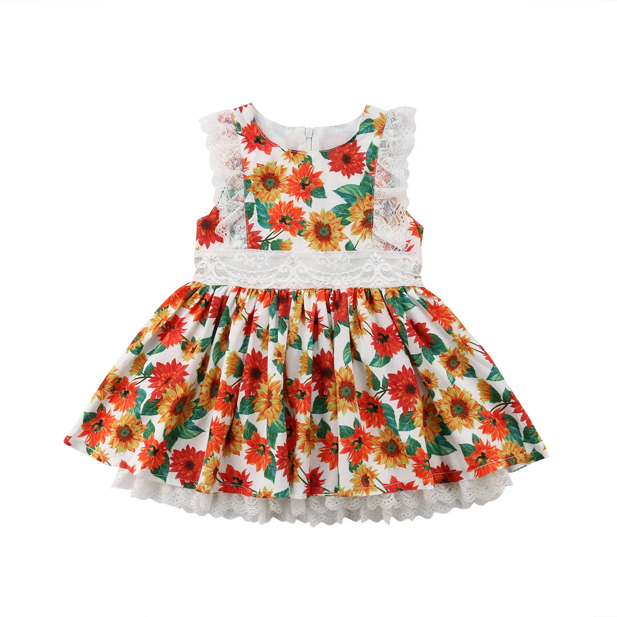 Girl Dress Cute Toddler Kids Girls Sunflower Floral Lace 2018 Sleeveless Zipper Summer Casual