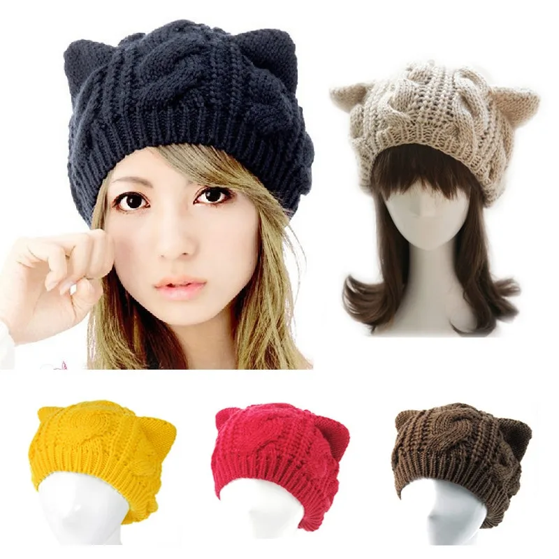 20pcs! Fashion Women Lady Girls Warm Knitting Wool Cute Cat Ear Beanie