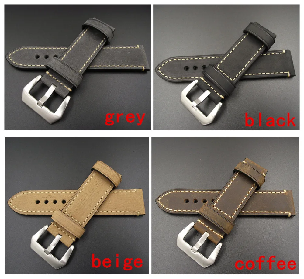 

1PCS 20MM 22MM 24MM 26MM Genuine Leather Crazy Horse Leather Watch Band Watch Strap Man Black Coffee Grey Beige -WB12075