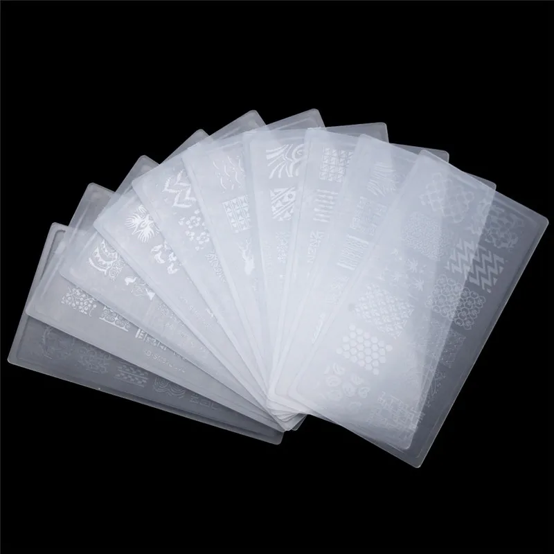 10pcs Plastic Transparent Nail Art Polish Stamp Plate Set DIY Manicure Nail Stamping Template Image Professional Nail Art Tools