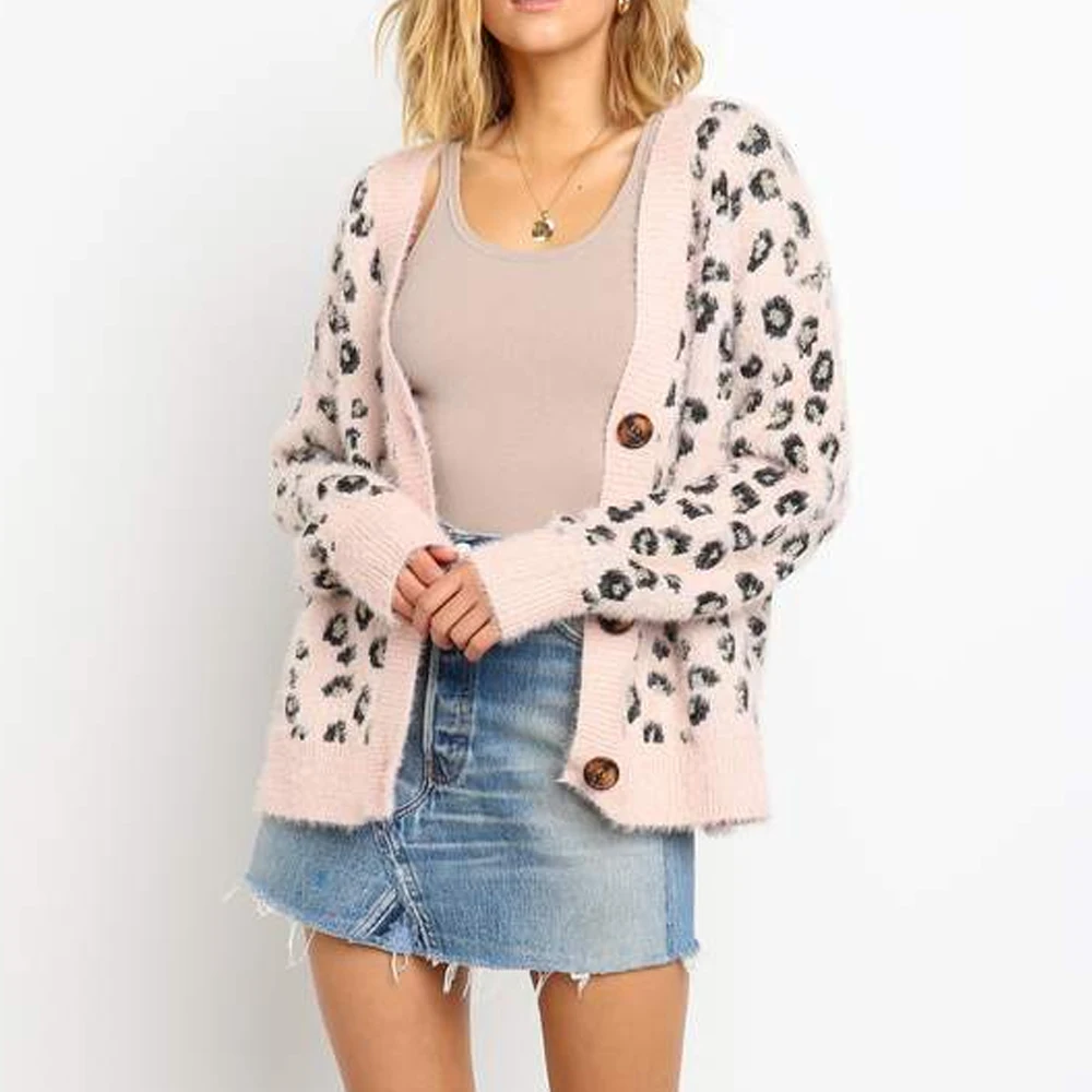Women's Fashion Pink Leopard V-neck Long Sleeves Wool Cardigans New Loose Slim Fit Button Retro Warm Casual Sweet Sweater Coats |