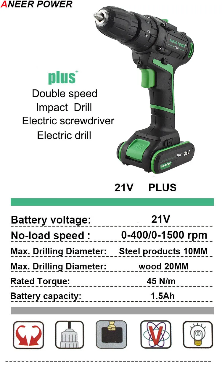 21V Double Speed Impact Drill Electric Hammer Drill Battery Electric Cordless Drill Electric Screwdriver Home DIY Power Tools