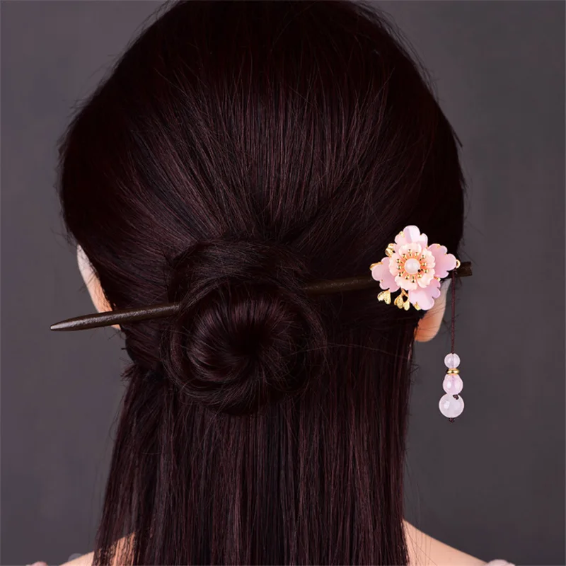 Yanting Romantic Pink Flower Hair Stick Wood Hair Accessories For Women Sweet Hairpins Head Jewelry Gift For Girls Women 0145