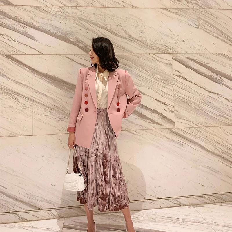 

Spring 2019 female suit retro chic pink small suit jacket blazer women vintage office coat
