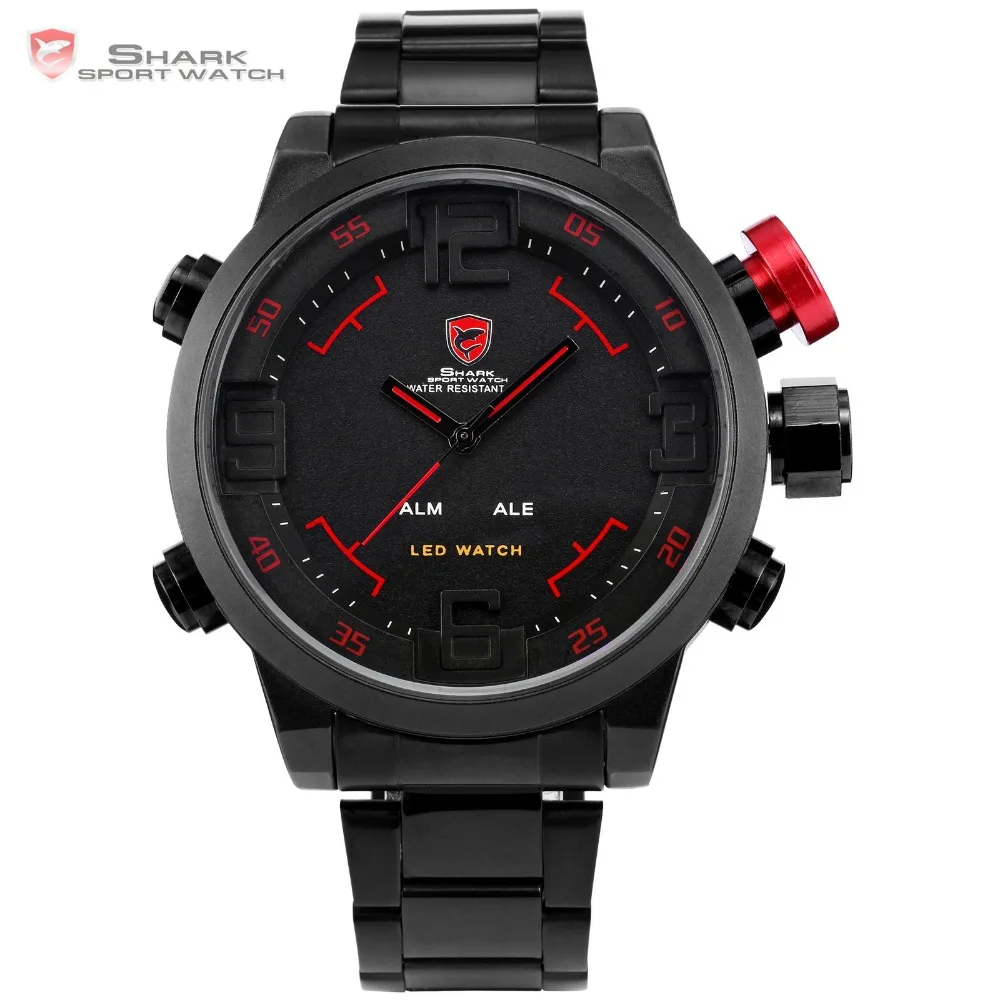  SHARK Sport Watch Brand Digital Dual Time Day LED Black Red Men Wristwatches Full Steel Strap Tag R