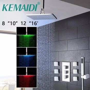 Price KEMAIDI Bathroom 8 10 12 16 Inch LED Chrome Shower Faucet Set Thermostatic Valve Mixer Tap W/ 6 Message Jets Shower Set