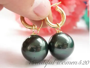 

Z4452 18MM TAHITIAN BLACK ROUND SOUTH SEA SHELL PEARL DANGLE EARRINGs
