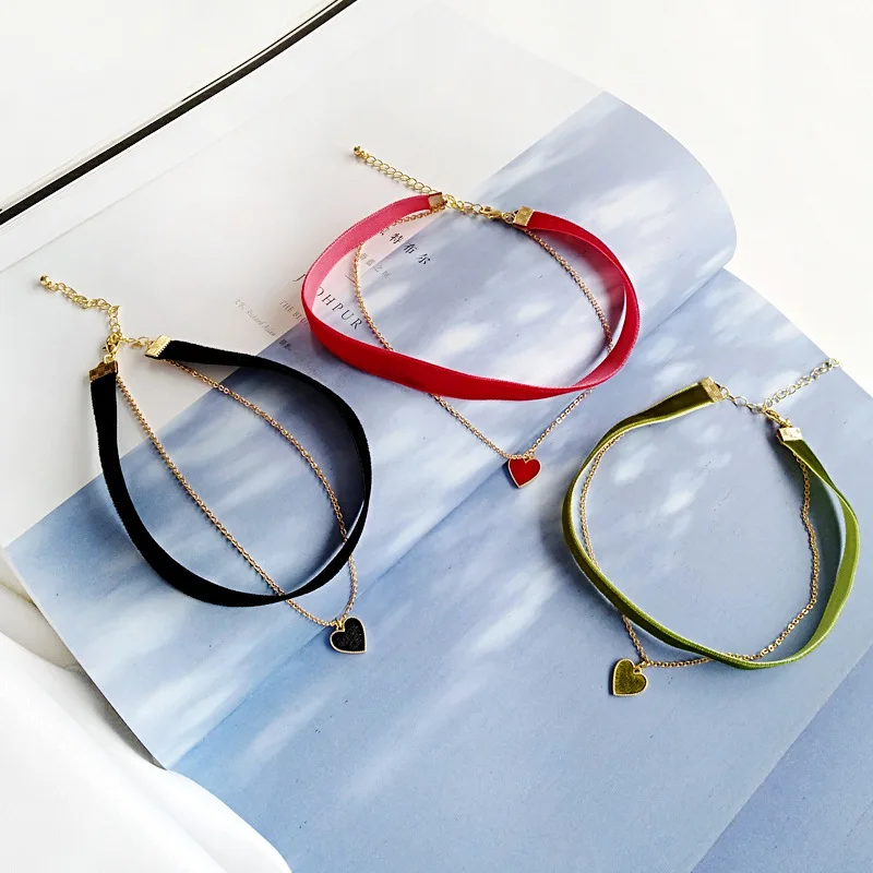 Green Black Red Korean Cute Multi Layer Heart Chains Lace Chokers Necklaces for Women Velvet Choker Necklace Bohemia - Image 6