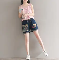 Эластичный пояс Короткие джинсы 2018 Лето художественный Повседневное Mori Girl женские шорты джинсовые старые этнические Стиль короткие Для