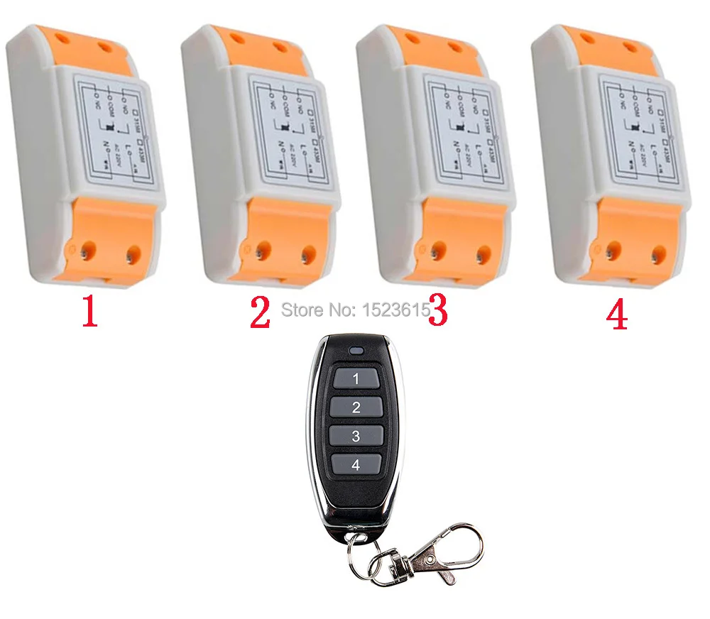 

New 220V 1CH Wireless Power Switch System 4 Receiver& 1Transmitter Remote Controller 10A output state is adjusted
