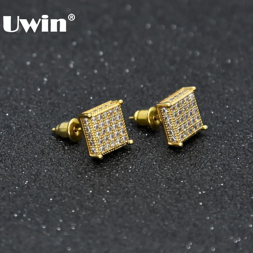 Uwin мужские модные квадратные серьги CZ Bling Micro Pave кубический цирконий золото серебро 7 мм и 10 мм Серьги Панк ювелирные изделия Хип-хоп
