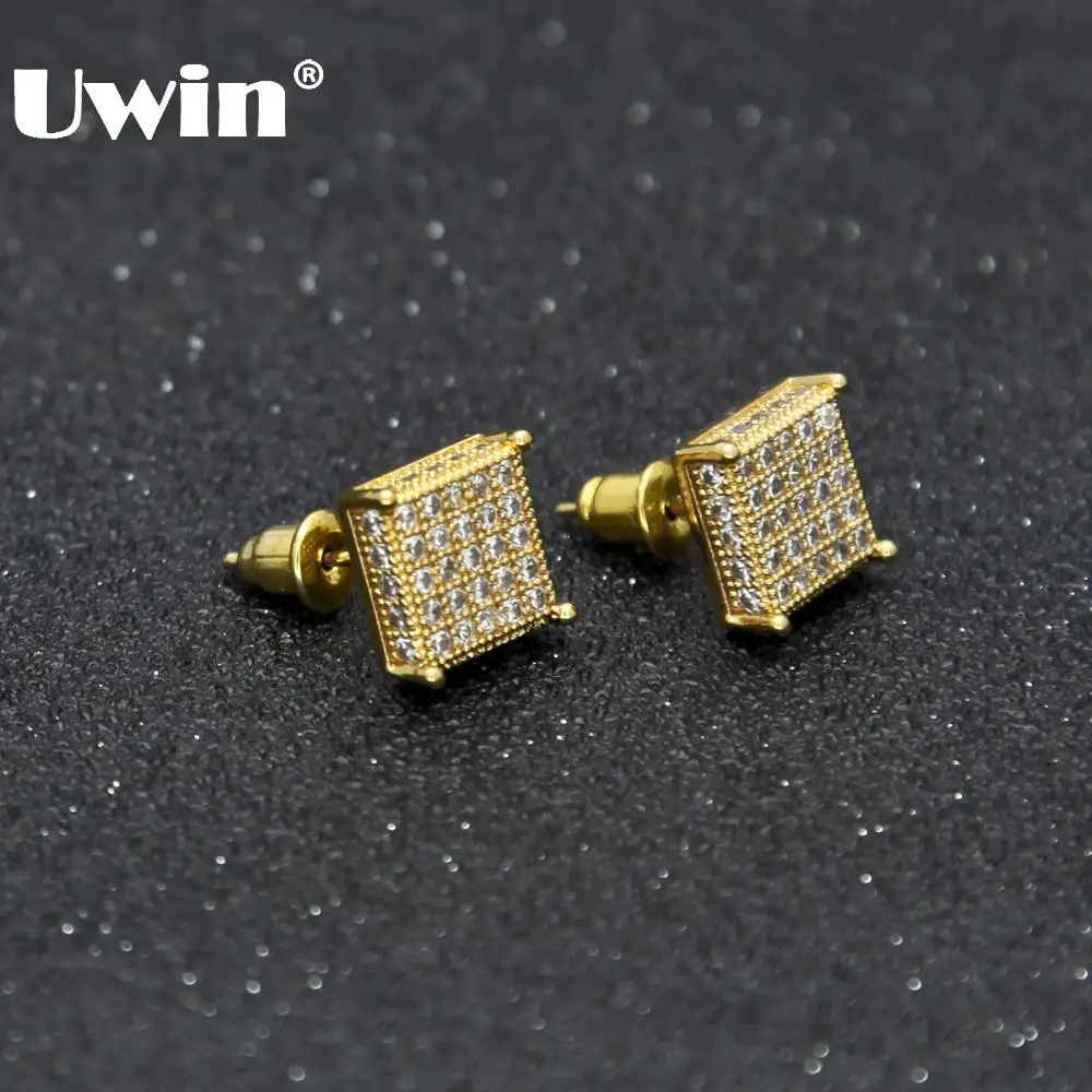 

Uwin Men Fashion Square Stud Earrings CZ Bling Micro Pave Cubic Zirconia Gold Silver 7mm&10mm Earring Punk Hiphop Jewelry 2017