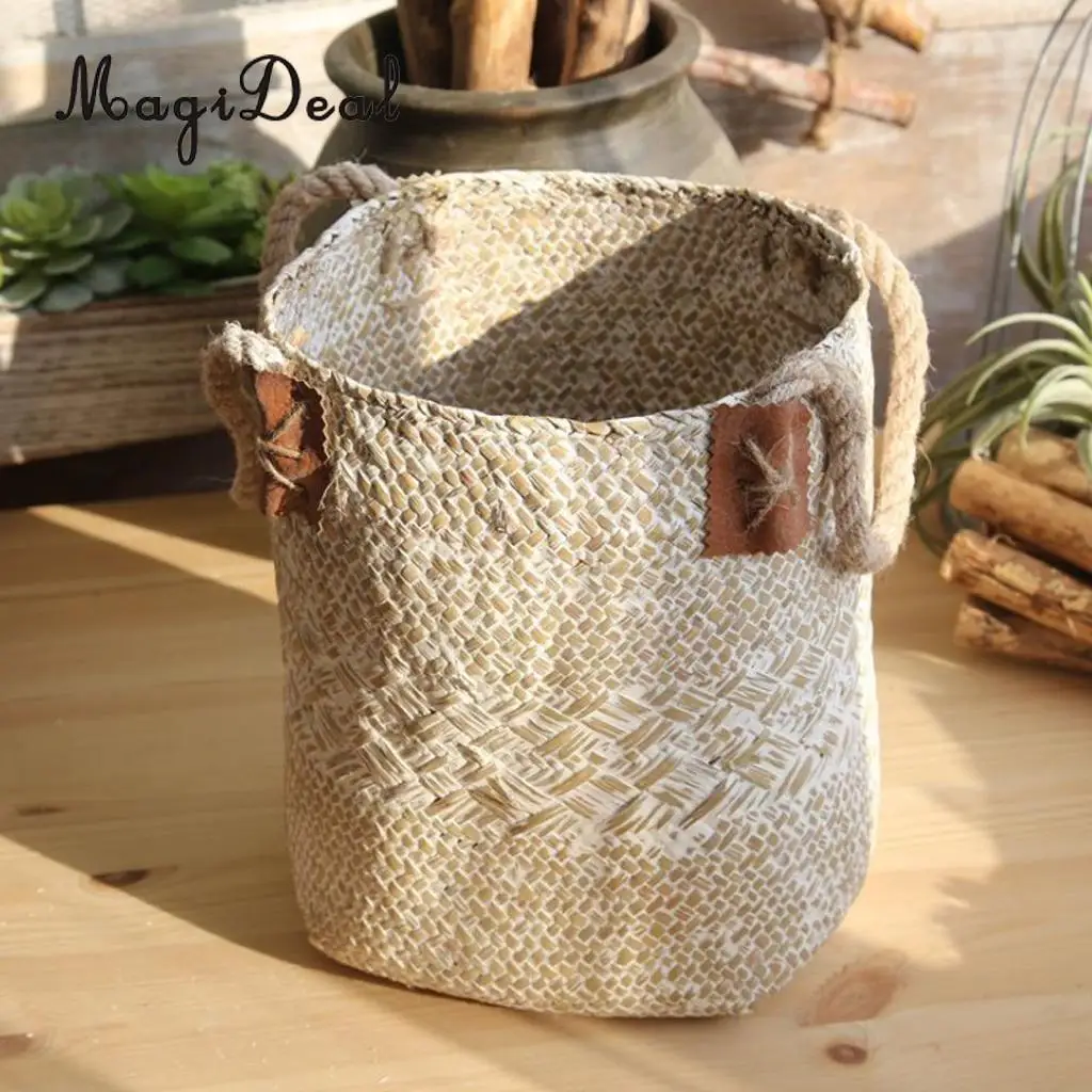 Hand Woven Storage Basket Garden Indoor Planter Pot Vase Holder Box Bin Case Storage Organizer Bag