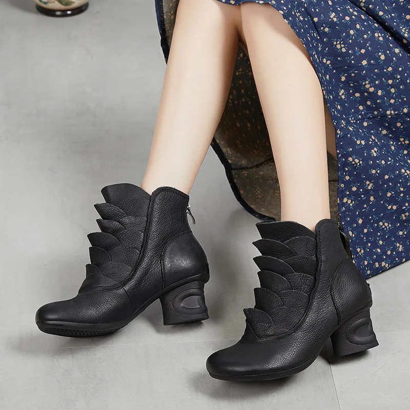 

women 2018 autumn genuine leather medium heel shoes female handmade flower warm ankle boots motorcycle botas zapatos mujer WA835