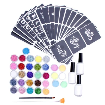 

NEW-26 Colors/6 Colors Powder Temporary Shimmer Glitter Tattoo Kit For Body Art Design Paint With Stencil Glue&Brushes