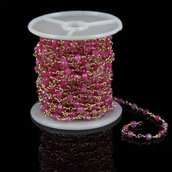

New Style! 4MM Wire Wrapped Beaded Chains Gold plated Rosary Chain Pink Color Faceted Round Beads Jewelry Making