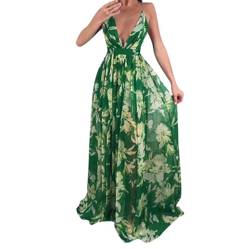 HOT summer dress 2018 beach dress Women Sexy Floral Printed V-Neck Sleeveless Chiffon Evening Party Long Dress vestidos J08#N (1)