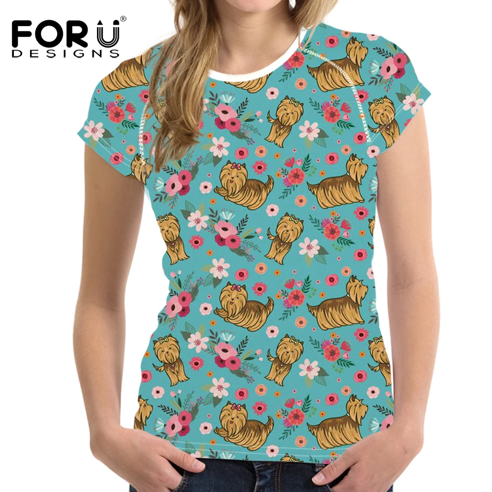 

FORUDESIGNS Floral Yorkie T Shirt Women Cartoon Puppy T-shirt Female Kawaii Tee Shirt for Teen Girls Cute Summer Tops Clothing