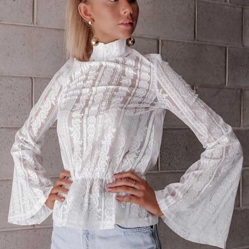Lace Crochet Chiffon Flare Long Sleeve Women Blouse Turtleneck Stand Collar Transparent Woman Shirts 2019 Elegant Sexy Lady Top