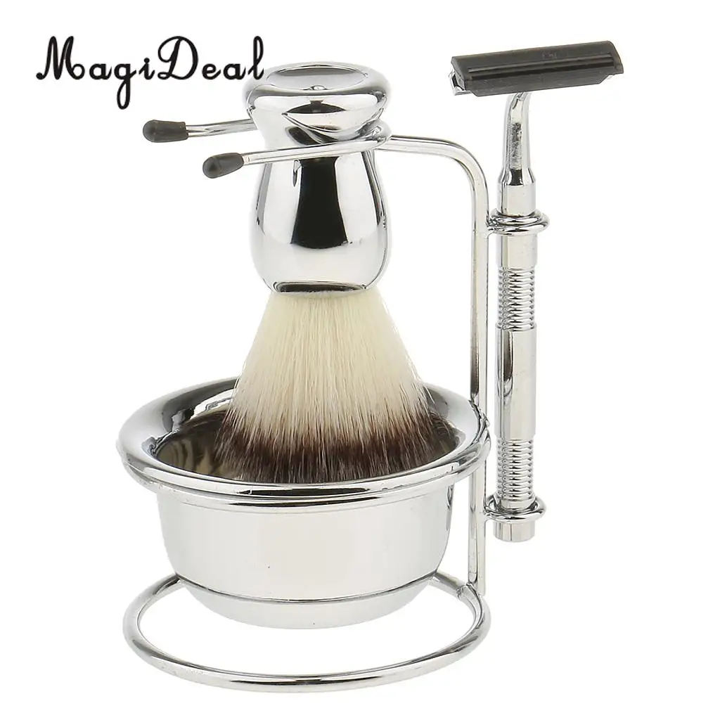 MagiDeal Mens Beard Grooming Kit with Shaving Brush Straight shaving Razor Bowl Safety Stand Men Facial Beard Cleaning 