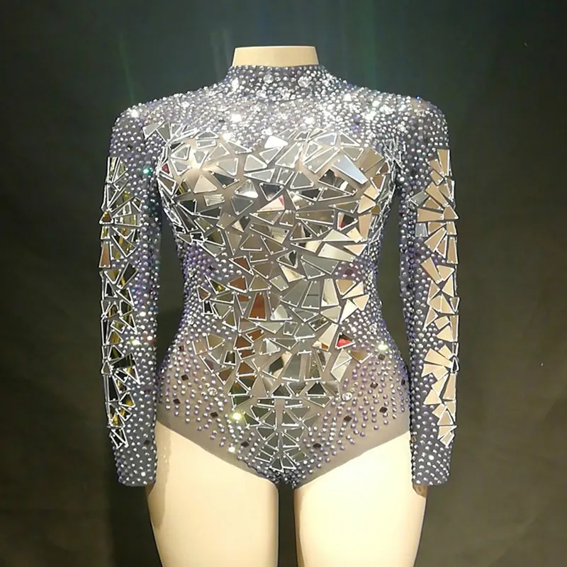 

Sparkly Silver Rhinestones Sequins Mesh Bodysuit Women's Celebrate Festival Outfit Nightclub Female Singer Sexy Stage Jumpsuit