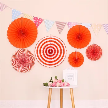 

Kids Birthday Prop Round Foldable Paper Fan + Triangular Flag Banner Party Background Decoration can CSV