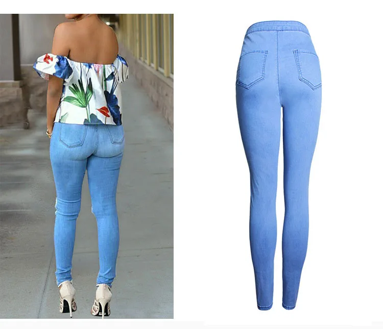 2017 Europe and the United States high waist stretch Slim thin pencil pants pure color hole feet women's jeans women (5)