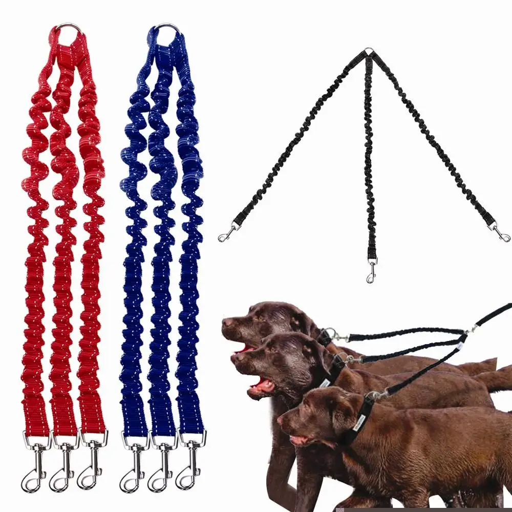 3 Way Dog Walking Leash No Tangle Coupler Multiple Nylon Bungee Elastic