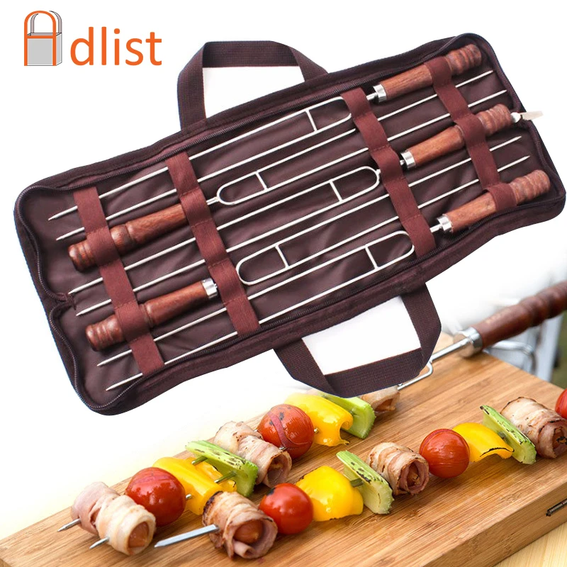 5pcs U Shape Kabob Skewers Wood Handle Barbecue Skewer Stainless Steel Bbq Needle Grill Forks