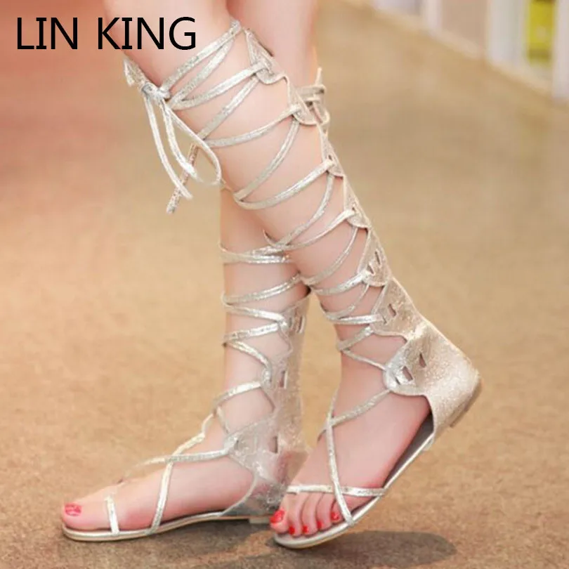 

LIN KING New Plus Size Retro Women Knee High Gladiator Sandals Girls Flats Cross Tie Summer Sandals Punk Lady Rome Party Sandals