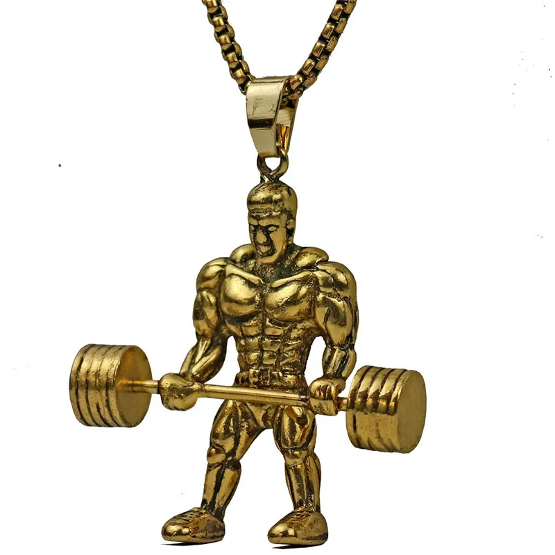 Strong Man Dumbbell Pendant Necklace Stainless Steel Gold Color Chain