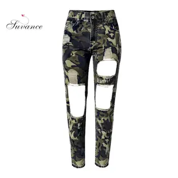 

Suvance High Waist Loose Camouflage Holes Spring Cotton Jeans Straight Qualit Material Women Trousers