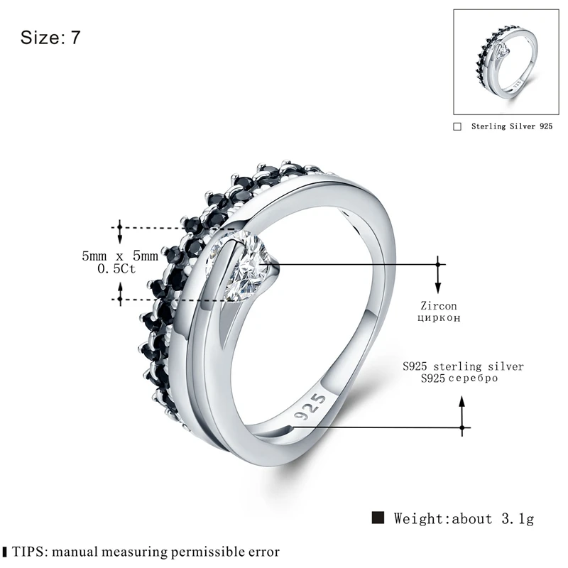 Модные 3,1 925 пробы серебряные ювелирные изделия обручальное черное шпинель обручальное кольцо для женщин G042
