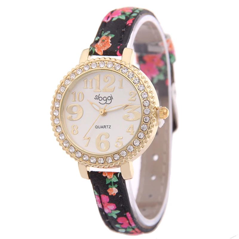 

2016 new hot selling thin leather watch women art floral diamonds watches high quality retro style quartz watch relogio feminino