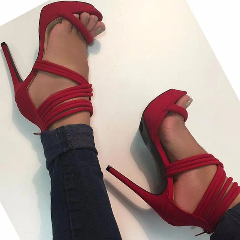

Women Open Toe Red Suede Leather Straps Combined High Platform Sandals Ankle Strap Gladiator Sandals High Heels Plus Size 10