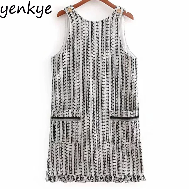 

Women Vintage Striped Tweed Vest Dress Female Back V Sleeveless O Neck Frayed Hem Straight Mini Dress Casual CCWM8811