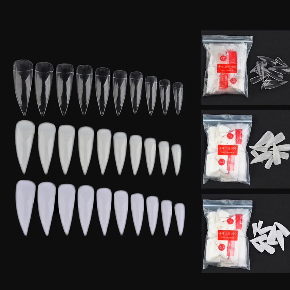 600pcs/Bag Nail Art Transparent Half Cover Oval Sharp End Long False