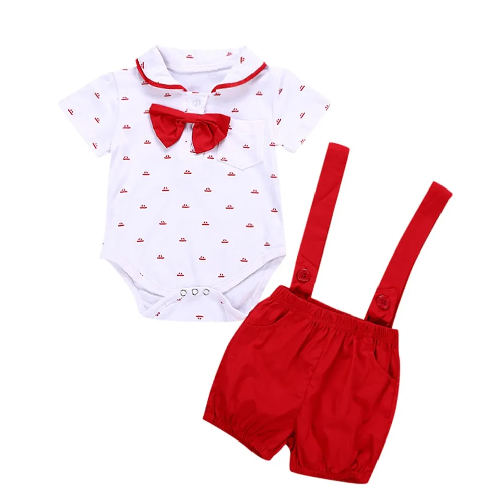 

2PCS Summer Boys Clothes Outfits set Baby Infant Boys Short Sleeve Bowtie Romper Clothes+Red Pants Infant Fashion Clothing Set