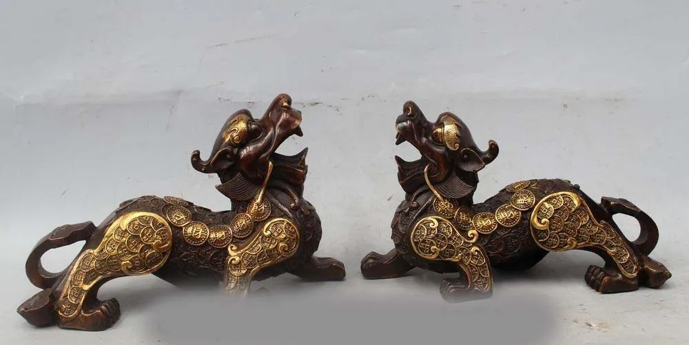 

10" Chinese Bronze Gild Folk Feng Shui Kylin Chi-lin Qilin Statue sculpture Pair