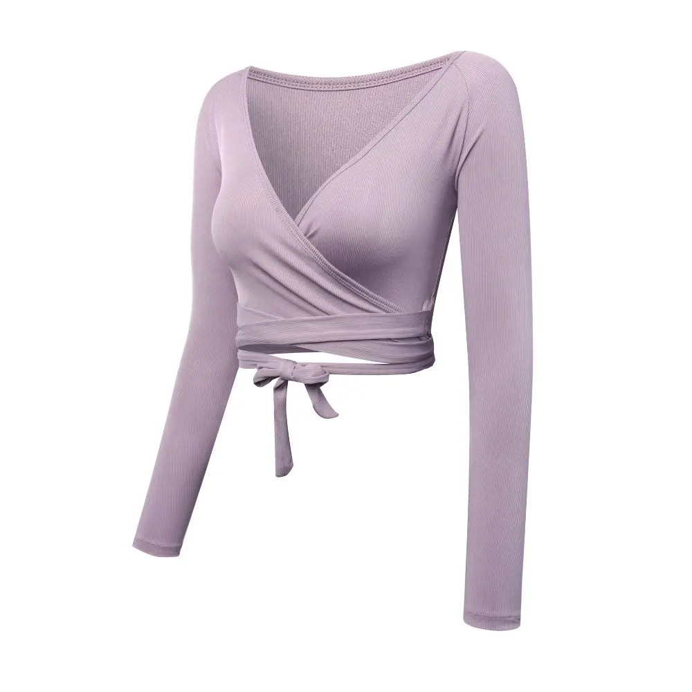 Oyoo Super Soft Luxury Long Sleeve Yoga Tops V neck Gym Shirts Pink Workout Clothes Knotted Crop