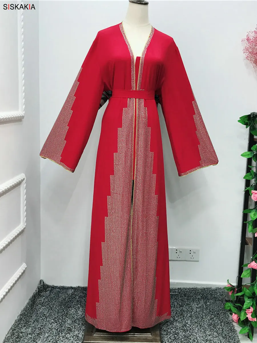 Siskakia/модный мусульманский кардиган abaya, Роскошное однотонное платье в стиле пэчворк со стразами, платье в восточном стиле, Ближний Восток