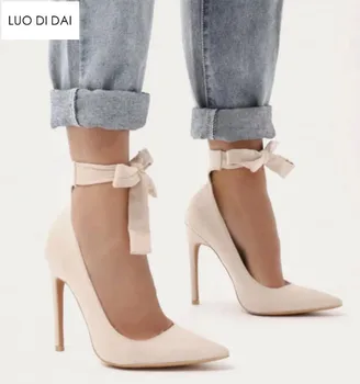 

2019 New arrival women nude pumps thin heel party shoes suede leather pumps point toe high heels dress shoes lace up lady shoes