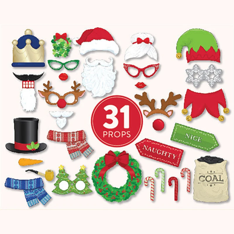 20Pcs Christmas Santa Hat Party Masks Photo Booth Props Mustache On A Stick